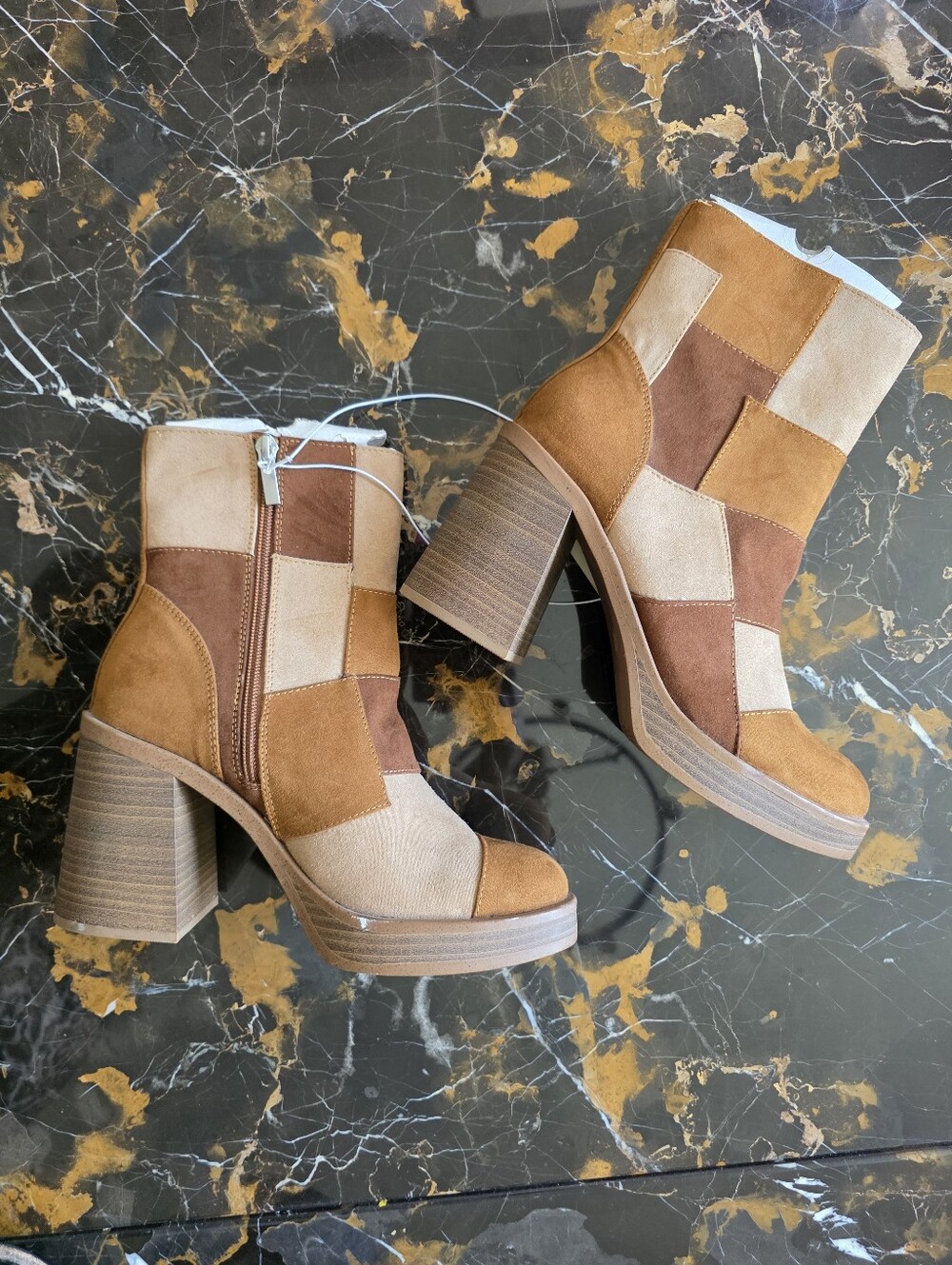 Tan Broiwn Patchwork Chunky Sole Boots Women 7.5 NWT 4' Heel Faux Suede